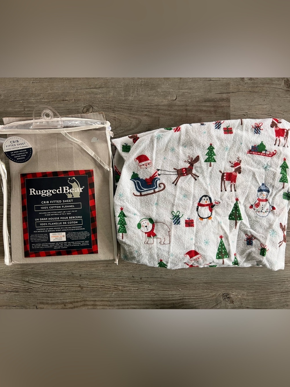 Rugged Bear Crib Fitted Sheet + Holiday Flannel Cover - White with Red & Green